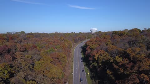 Autumn Road Through Colorful Fall Forest · Flyover