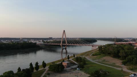Cable-Stayed Bridge Over a River at Golden Hour
