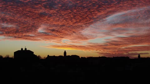 Vivid Red and Orange Sunset Sky Over a Tree Line
