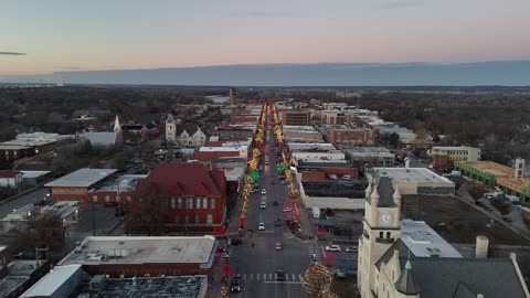 Massachusetts Street Christmas Lights at Dusk