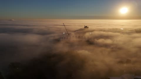 Foggy Sunrise Over KU Campus and Lawrence Kansas