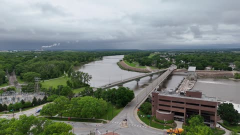 Kansas River and Lawrence Bridges in Spring · Flyover