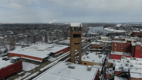 Downtown Lawrence Massachusetts Street, Kansas · Snowy Flyover