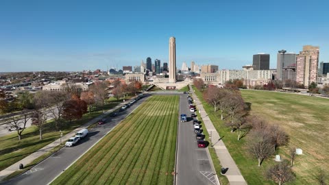 Liberty Memorial Tower and Downtown Kansas City Skyline in Autumn