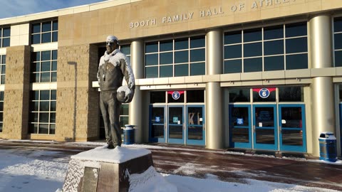 Overhead View of Allen Fieldhouse and the Naismith Statue in Snow