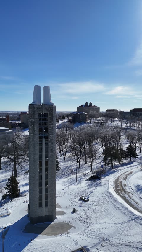 Fraser Hall and the Campanile on the Snowy KU Campus