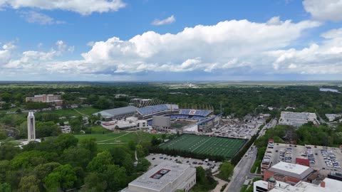 Memorial Stadium and the Campanile on the KU Campus